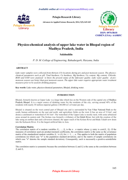 Physico-Chemical Analysis of Upper Lake Water in Bhopal Region of Madhya Pradesh, India