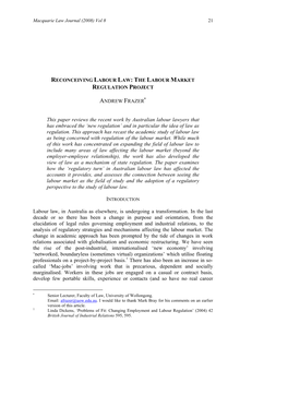 This Paper Reviews the Recent Work by Australian Labour Lawyers That Has Embraced the ‘New Regulation’ and in Particular the Idea of Law As Regulation