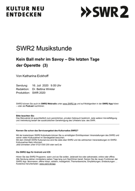 SWR2 Musikstunde Kein Ball Mehr Im Savoy – Die Letzten Tage Der Operette