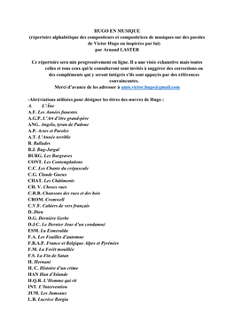 HUGO EN MUSIQUE (Répertoire Alphabétique Des Compositeurs Et Compositrices De Musiques Sur Des Paroles De Victor Hugo Ou Inspirées Par Lui) Par Arnaud LASTER