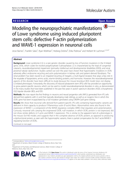 Defective F-Actin Polymerization and WAVE-1 Expression in Neuronal Cells Jesse Barnes1, Franklin Salas2, Ryan Mokhtari3, Hedwig Dolstra4, Erika Pedrosa2 and Herbert M