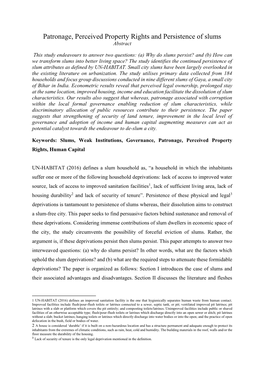 Patronage, Perceived Property Rights and Persistence of Slums Abstract