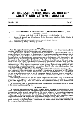 Vegetation Analysis of the Upper Teleki Valley (Mount Kenya) and Adjacent Areas