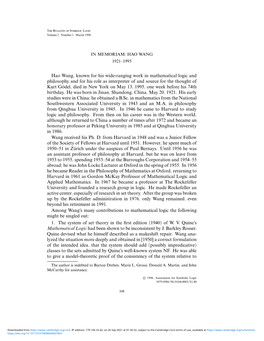 Hao Wang, Known for His Wide-Ranging Work in Mathematical Logic and Philosophy and for His Role As Interpreter of and Source