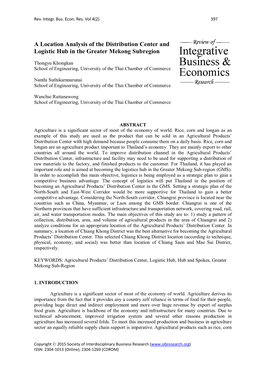 A Location Analysis of the Distribution Center and Logistic Hub in the Greater Mekong Subregion