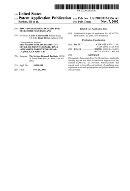 (12) Patent Application Publication (10) Pub. No.: US 2002/0165356A1 Barbas, III Et Al