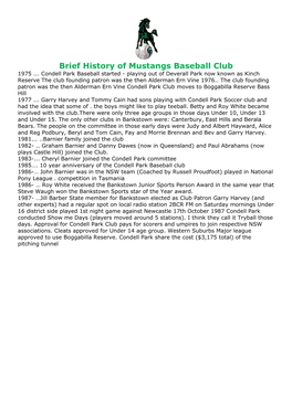 Brief History of Mustangs Baseball Club 1975