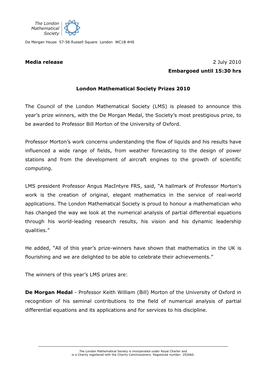 London Mathematical Society Prizes 2010