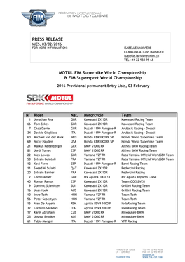 PRESS RELEASE MOTUL FIM Superbike World Championship & FIM Supersport World Championship