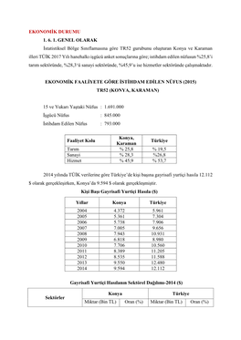 EKONOMİK DURUMU 1. 6. 1. GENEL OLARAK İstatistiksel Bölge