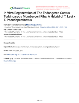 In Vitro Regeneration of the Endangered Cactus Turbincarpus Mombergeri Riha, a Hybrid of T