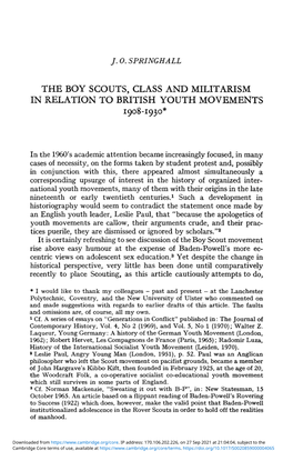 The Boy Scouts, Class and Militarism in Relation to British Youth Movements 1908–1930