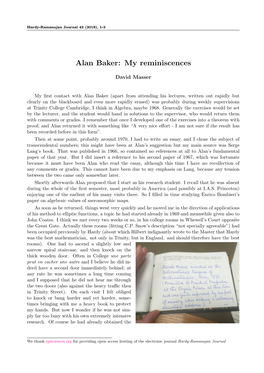 Alan Baker: My Reminiscences