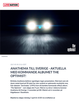 Anathema Till Sverige - Aktuella Med Kommande Albumet the Optimist!