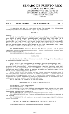 Senado De Puerto Rico Diario De Sesiones Procedimientos Y Debates De La Duodecima Asamblea Legislativa Cuarta Sesion Ordinaria Año 1994