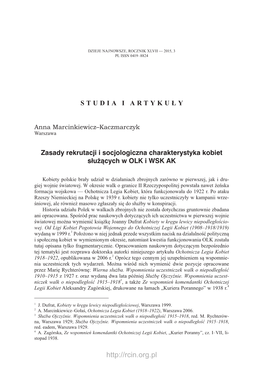 Zasady Rekrutacji I Socjologiczna Charakterystyka Kobiet Służących W OLK I WSK AK