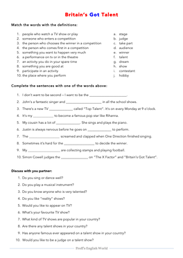 Britain's Got Talent Video Worksheet