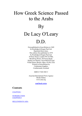 How Greek Science Passed to the Arabs by De Lacy O'leary D.D