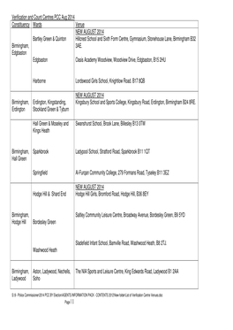 Verification and Count Centres PCC Aug 2014 Constituency Wards