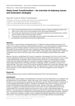 Oxley Creek Transformation – an Overview of Waterway Issues and Restoration Strategies Pearson Et.Al