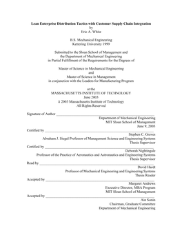 Lean Enterprise Distribution Tactics with Customer Supply Chain Integration by Eric A