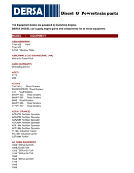 DERSA DIESEL Can Supply Engine Parts and Components for All These Equipment