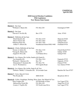 2020 General Election Candidates 55Th Legislature New Mexico State Senate