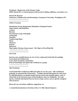 Biodiversity of the Potomac Valley (2009, March 2017, a Work-In-Progress Still in Need of Editing, Additions, Corrections, Etc.)