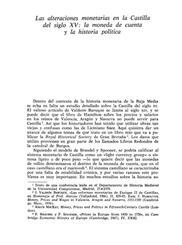 Las Alteraciones Monetarias En La Castilla Del Siglo XV: La Moneda De Cuenta Y La Historia Política