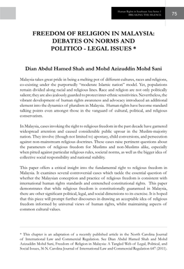 Freedom of Religion in Malaysia: Debates on Norms and Politico - Legal Issues *