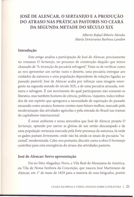 José De Alencar, O Sertanejo E a Produção Do Atraso Nas Práticas Pastoris No Ceará Da Segunda Metade Do Século Xix