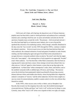 1 from the Cambridge Companion to Pop and Rock Simon Frith and William Straw, Editors Soul Into Hip-Hop Russell A. Potter Rhode