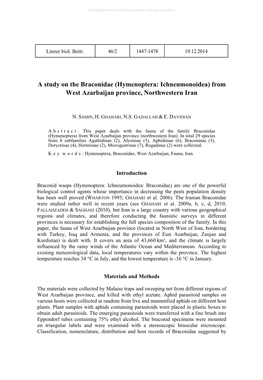 A Study on the Braconidae (Hymenoptera: Ichneumonoidea) from West Azarbaijan Province, Northwestern Iran