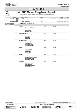 LIST 4 X 100 Metres Relay Men - Round 1 First 2 in Each Heat (Q) and the Next 2 Fastest (Q) Advance to the Final