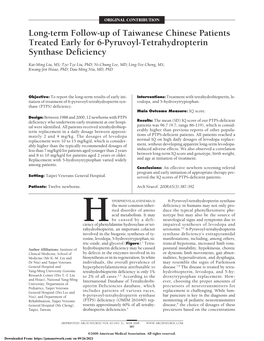 Long-Term Follow-Up of Taiwanese Chinese Patients Treated Early for 6-Pyruvoyl-Tetrahydropterin Synthase Deficiency