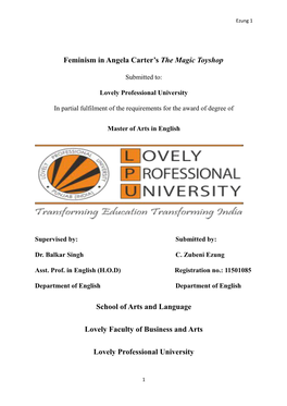 Feminism in Angela Carter's the Magic Toyshop School of Arts and Language Lovely Faculty of Business and Arts Lovely Professio