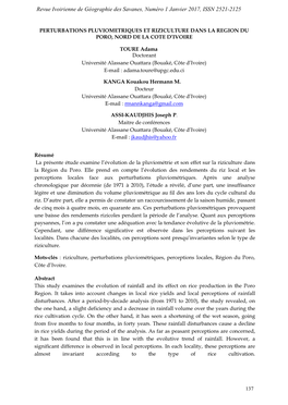 Perturbations Pluviometriques Et Riziculture Dans La Region Du Poro, Nord De La Cote D’Ivoire