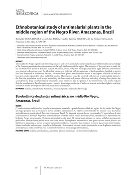Ethnobotanical Study of Antimalarial Plants in the Middle Region of the Negro River, Amazonas, Brazil