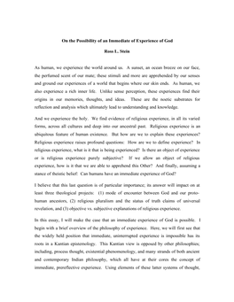 On the Possibility of an Immediate of Experience of God Ross L. Stein As Human, We Experience the World Around Us. a Sunset, An