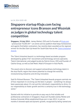 Singapore Startup Kluje.Com Facing Entrepreneur Icons Branson and Wozniak As Judges in Global Technology Talent Competition