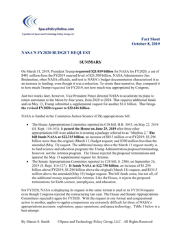 Fact Sheet October 8, 2019 NASA's FY2020 BUDGET REQUEST