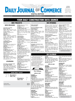 YOUR DAILY CONSTRUCTION DATA SOURCE NEW PROJECTS BID OPENINGS NEW ORLEANS Bids Due: May 25 at 1:30 P.M