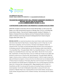 The Boston Conservatory Will Present Honorary Degrees to Michael Mayer and Alvin Epstein at 2012 Commencement on May 12, 2012