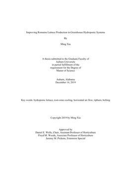 Improving Romaine Lettuce Production in Greenhouse Hydroponic Systems by Ming Xia a Thesis Submitted to the Graduate Faculty Of