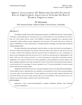 Impact Assessment of Mahatma Gandhi National Rural Employment Guarantee Scheme on Rural Women Empowerment