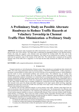 A Preliminary Study on Possible Alternate Roadways to Reduce Traffic Hazards at Velachery Township in Chennai Traffic Flow Minimization- a Prelimary Study