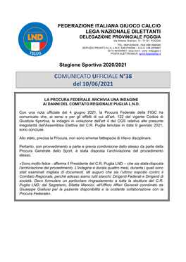 COMUNICATO UFFICIALE N°38 Del 10/06/2021