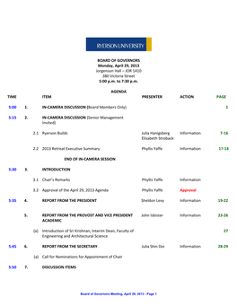 BOARD of GOVERNORS Monday, April 29, 2013 Jorgenson Hall – JOR 1410 380 Victoria Street 5:00 P.M