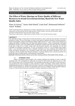 The Effect of Water Shortage on Water Quality of Different Resources in Jerash Governorate/Jordan, Based on New Water Quality Index