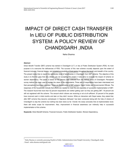 IMPACT of DIRECT CASH TRANSFER in LIEU of PUBLIC DISTRIBUTION SYSTEM: a POLICY REVIEW of CHANDIGARH ,INDIA